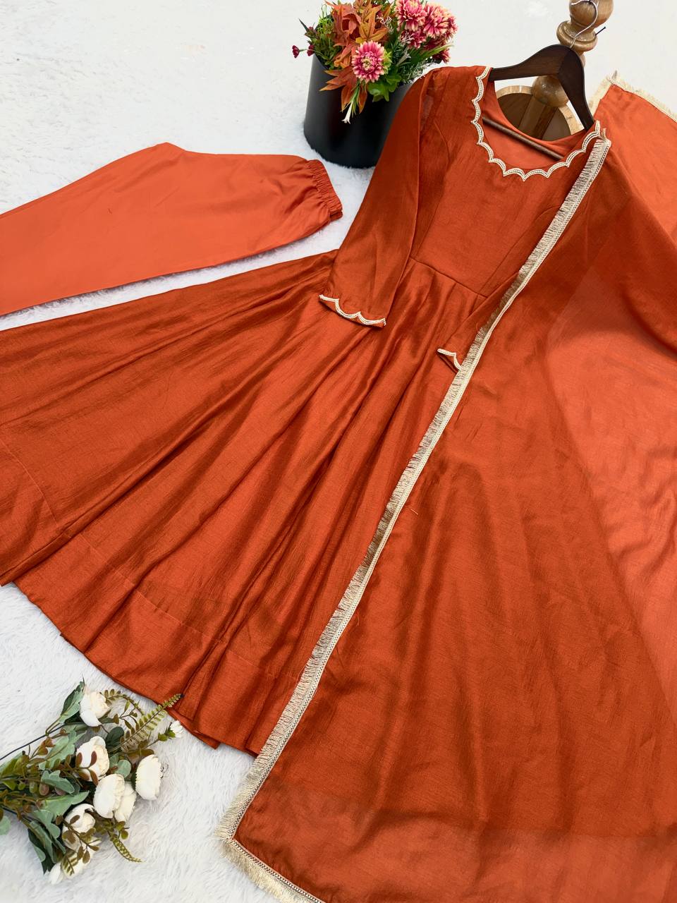 Elegant Anarkali Evening Gown with Beaded Detailing, Full Sleeves, and Vichitra Silk Fabric - Includes Bottom and Dupatta