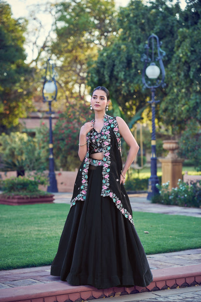 Elegant Black Lehenga Choli Set with Sequins and Thread Embroidery – Traditional Festive and Wedding Wear