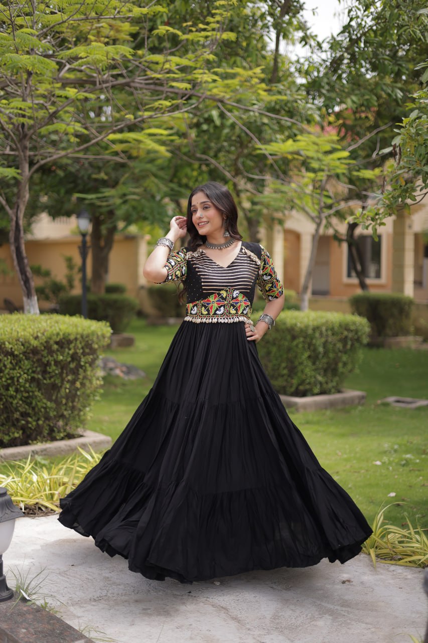 RangBhoomi Navratri Gown 2026 — Rust & Black Embroidered Multi-Tiered Festive Gown