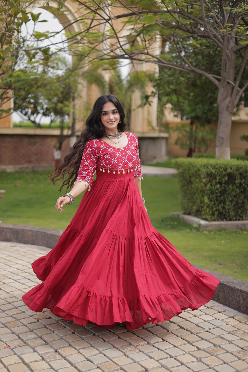 RangBhoomi Navratri Embroidered Kora Cotton Gown — 54" Length, Half Sleeve (Maroon / Black)