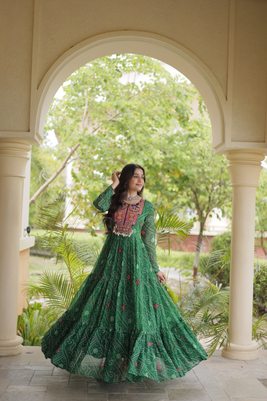 RangBhoomi Bandhani & Kutchi Patchwork Faux Georgette Gown — Festive Navratri Edition