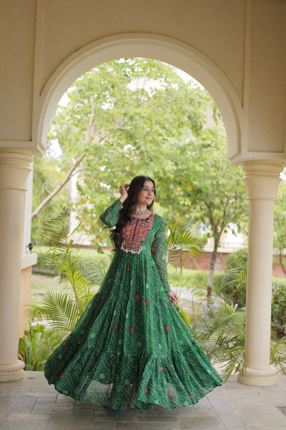 RangBhoomi Bandhani & Kutchi Patchwork Faux Georgette Gown — Festive Navratri Edition
