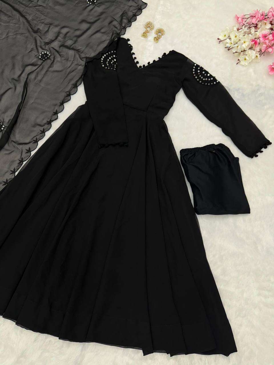 RangBhoomi Black Georgette Anarkali Set with Mirror Embroidery — Eid Special