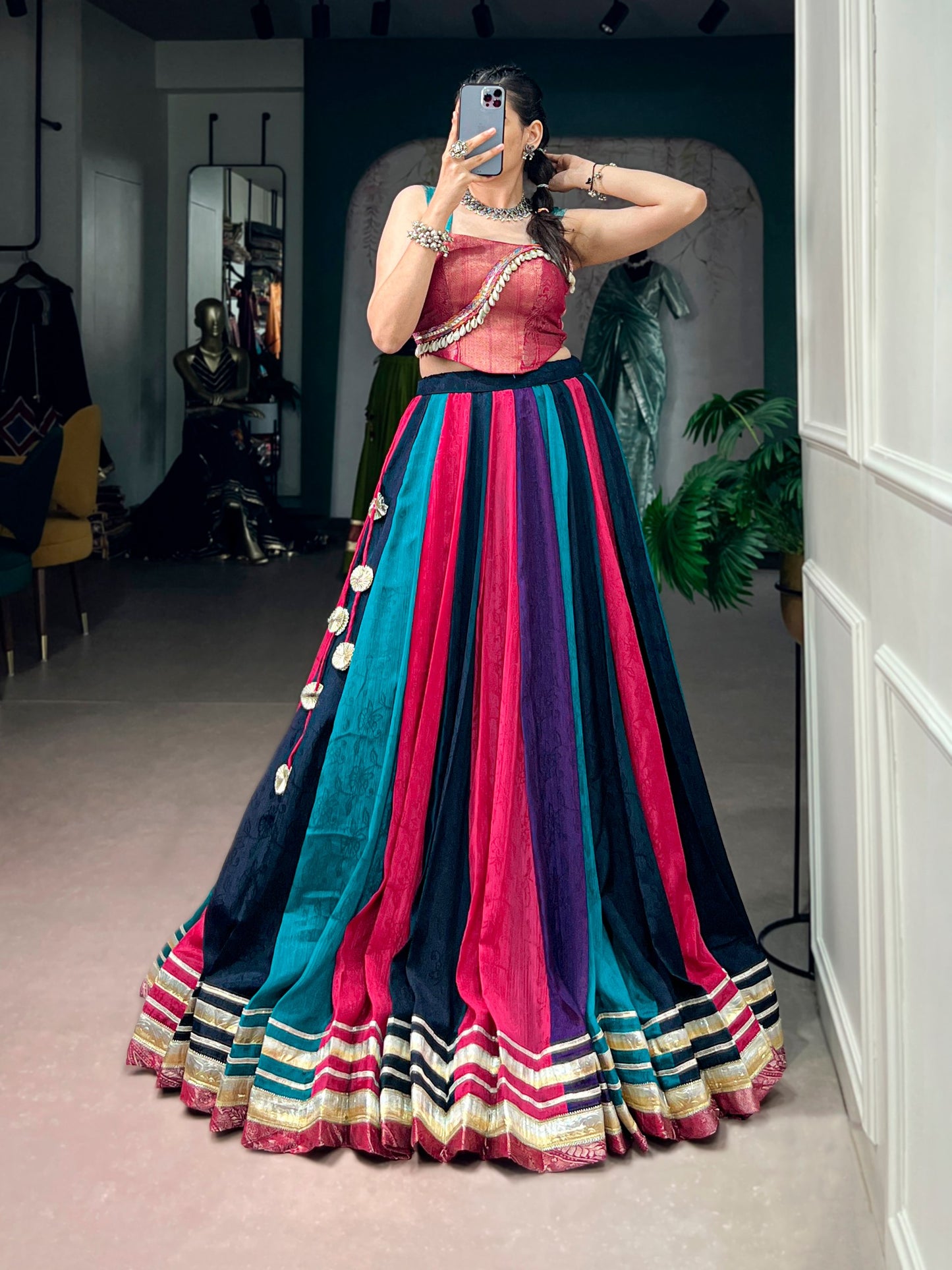 RangBhoomi Navratri Collection 2026 Multicolor Chinon Lehenga with Zari Blouse & Tassel Details