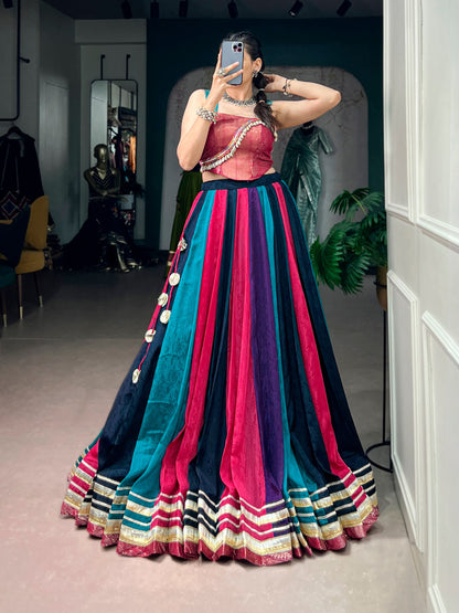 RangBhoomi Navratri Collection 2026 Multicolor Chinon Lehenga with Zari Blouse & Tassel Details