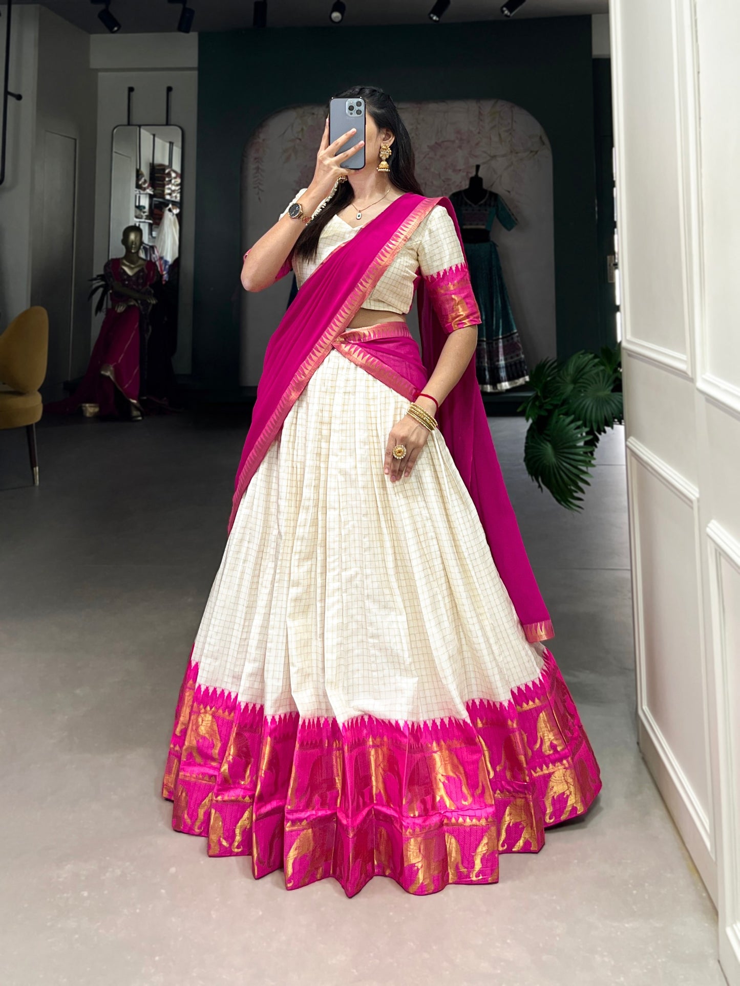 Elegant Poly Cotton Lehenga Choli Set with Georgette Dupatta, Intricate Zari Weaving Work - Comfortable and Stylish Festive Wear