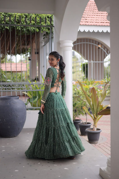 RangBhoomi Bandhni Faux Georgette Full-Stitched Lehenga Set with Designer Square Neck Blouse