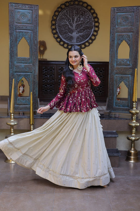 RangBhoomi Elegant Silk Embroidered Crop Top Set with Flared Lehenga and Sequined Detailing