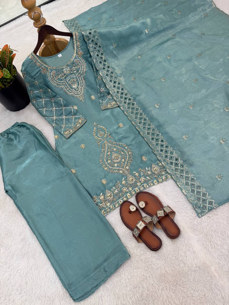 Elegant Designer Party Wear Top, Palazzos, and Dupatta Set with Intricate Heavy Embroidery and Beaded Detailing