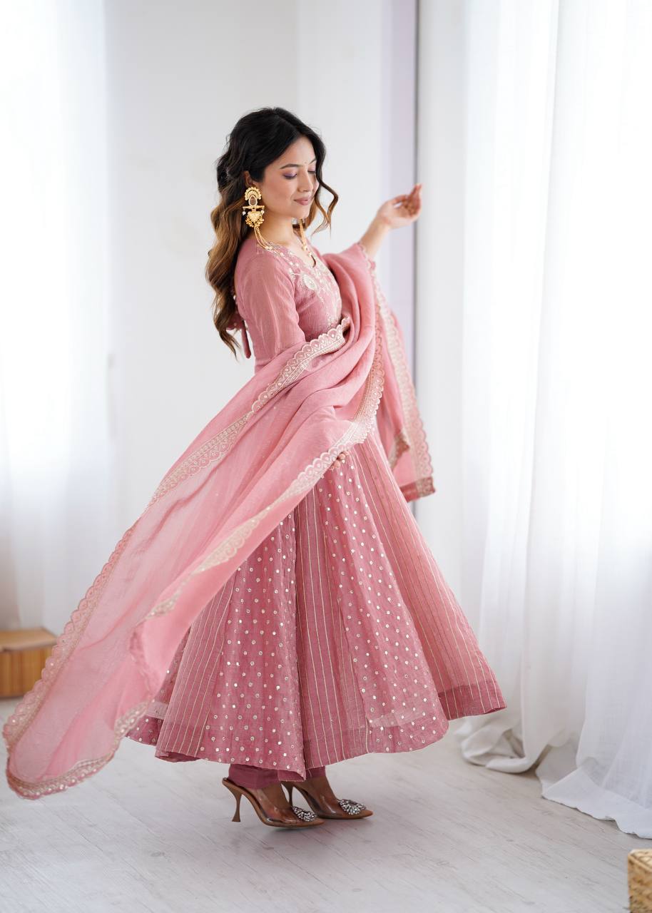 Festive Ready-to-Wear Fully Stitched Anarkali Gown Set with Embroidered Sequins and Lace-Trimmed Dupatta