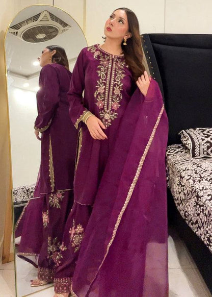 RangBhoomi Women's Premium Ethnic French Crepe Ensemble with Embroidered Thread Work, Full Sleeve Top, Farshi Pant, and GMY Silk Dupatta