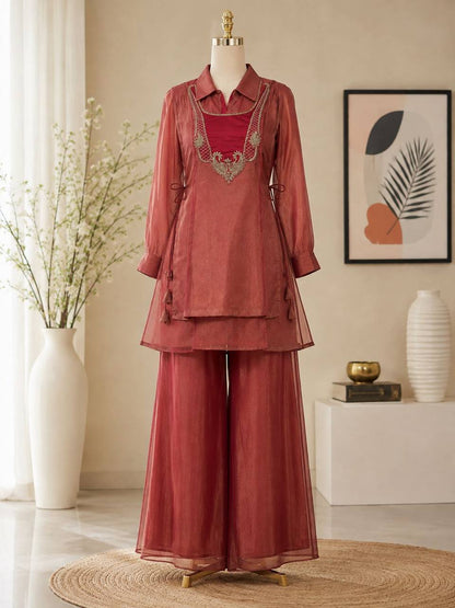 RangBhoomi Shimmer Pink Three-Piece Festive Coord Set