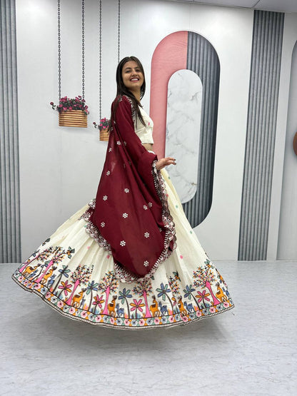Woman twirling in the Rangbhoomi Lehenga, showing the lehenga's 3.5-meter flair.