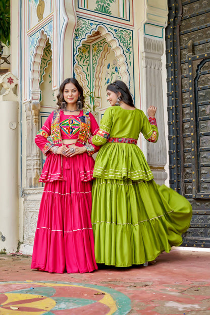 Navratri Special Gamthi Embroidery Lehenga Choli with Mirror and Ribbon Lace – Pure Cotton, Fully Stitched, 9 Meter Flair