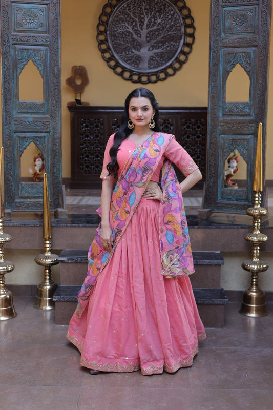Elegant Lehengha Choli Set with Embroidered Cosmos Silk and Printed Tabby Silk Dupatta