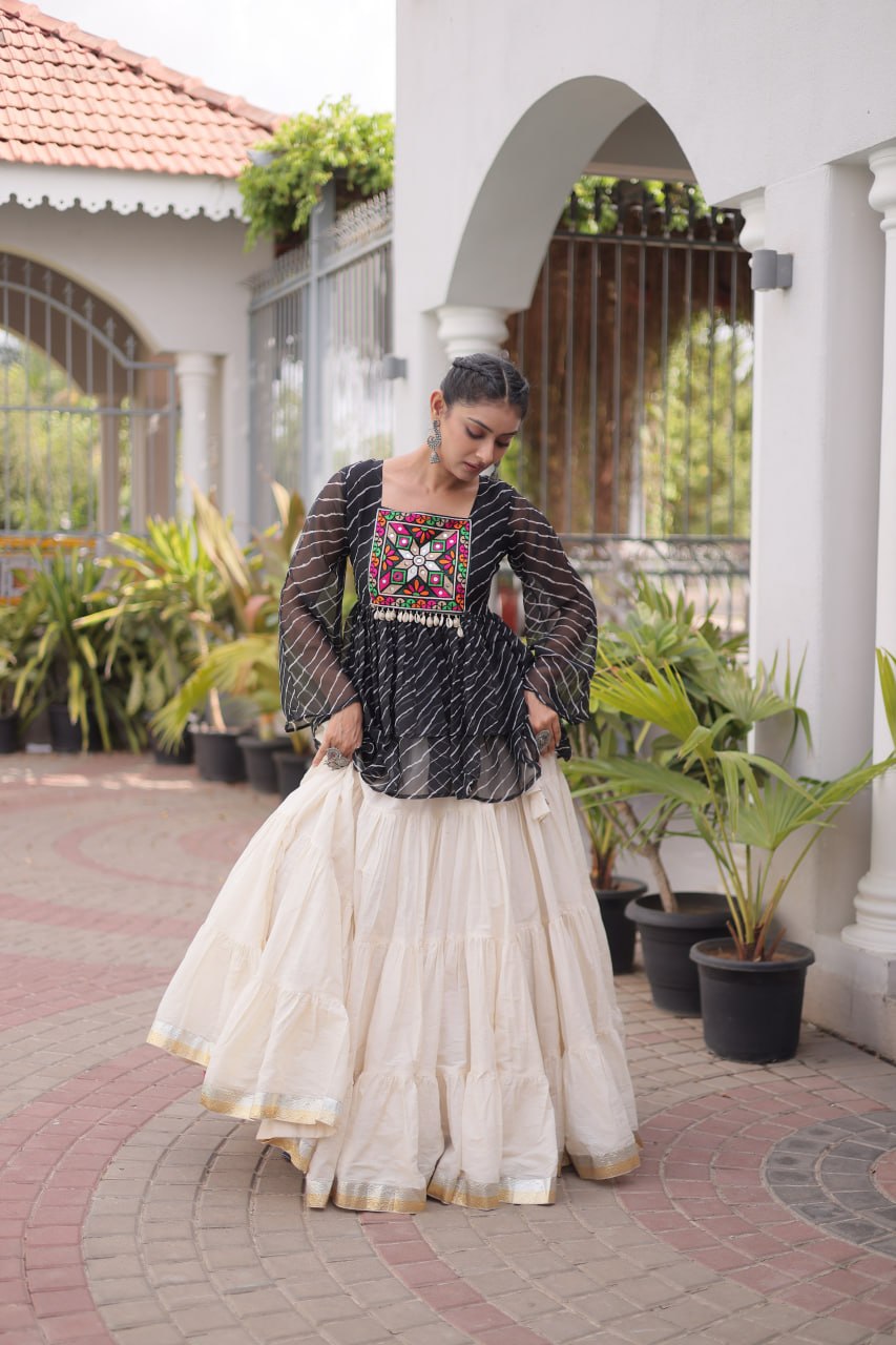 RangBhoomi Navratri Lehenga Choli Set — Kora Cotton Frill with Laheriya Print