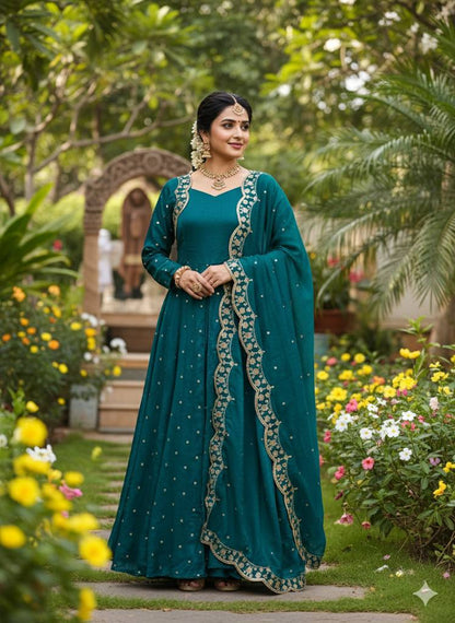 Elegant Anarkali gown in wine with gold accents, ideal for festive occasions.