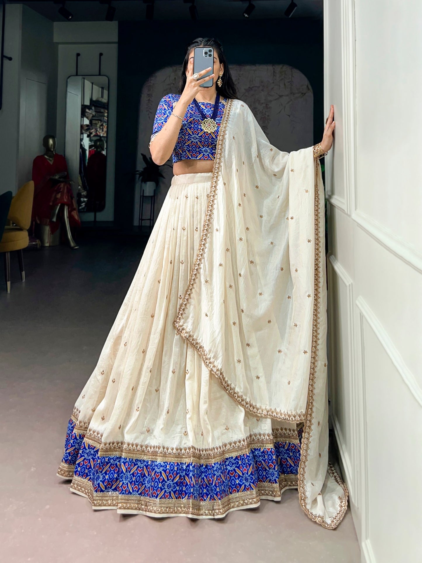 RangBhoomi Elegant Ivory and Royal Blue Lehenga Set with Sequins and Thread Embroidery