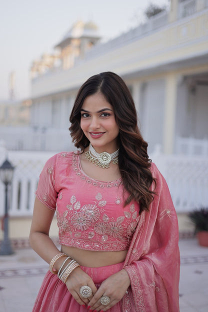 Elegant Lehenga Choli Set with Heavy Sequins and Zari Thread Embroidery in Fendi Silk