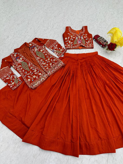 Festival Special Vichitra Silk Crop Top Lehenga Jacket Set with Heavy Thread and Sequin Embroidery by RangBhoomi