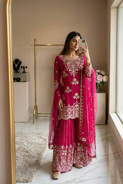 RangBhoomi Orgenza Twine Net Top, Sharara & Dupatta Set — Embroidered Ready-to-Wear