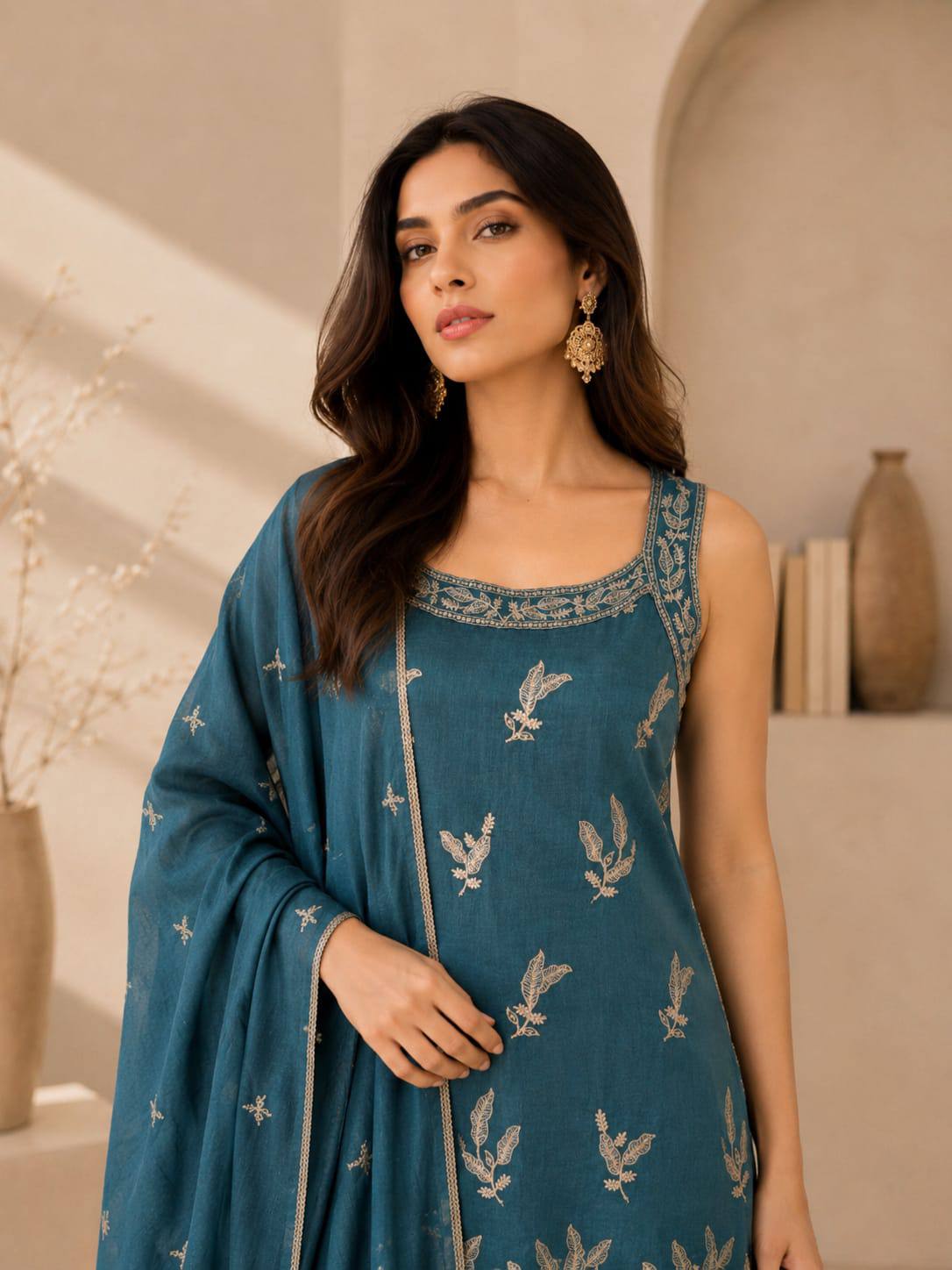 Designer Fusion Style Luxury Edition Women's Ethnic Ensemble – Vichitra Silk Embroidered Top, Palazzo, and Heavy Lace Dupatta