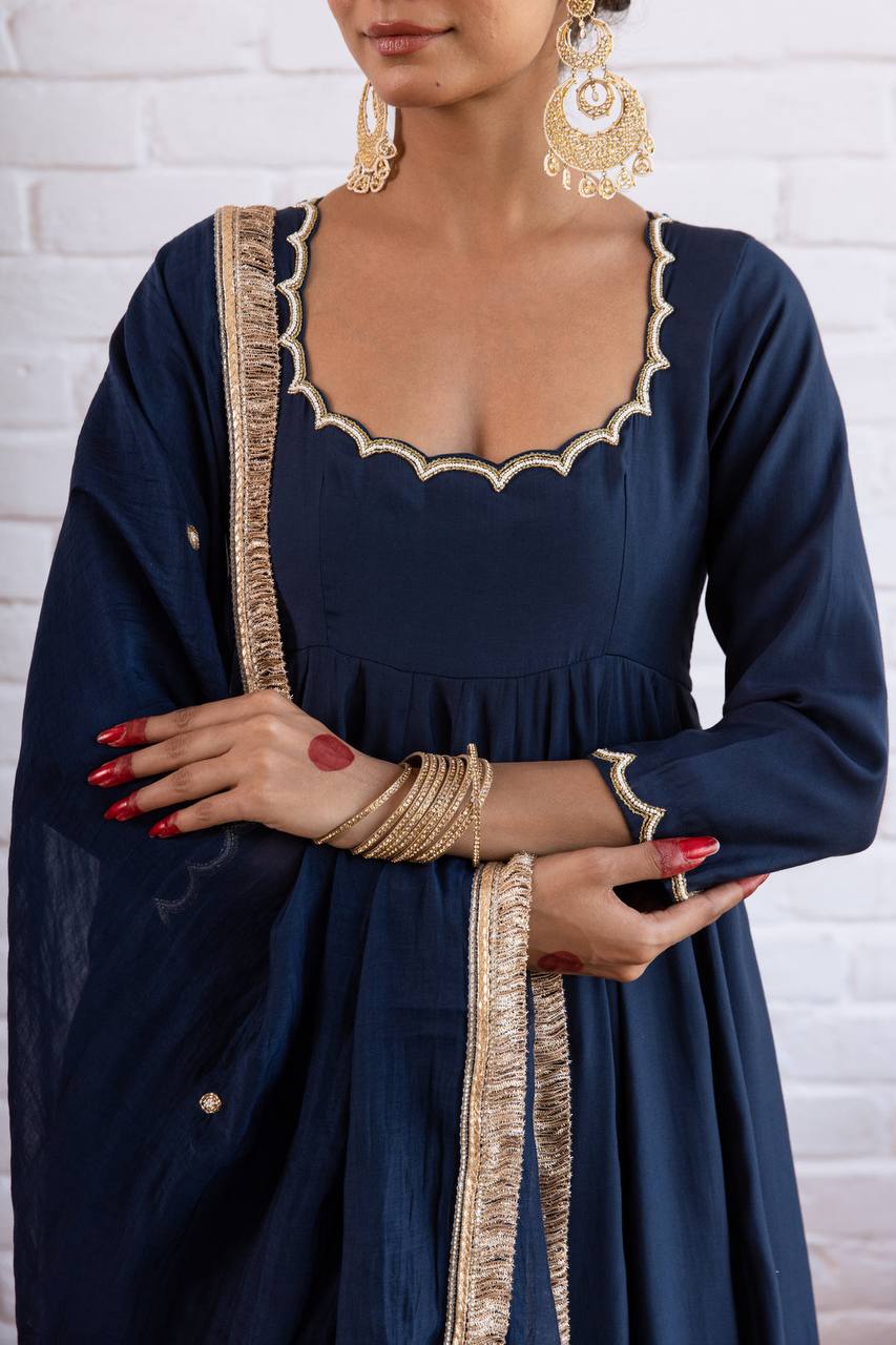 Elegant Anarkali Evening Gown with Beaded Detailing, Full Sleeves, and Vichitra Silk Fabric - Includes Bottom and Dupatta