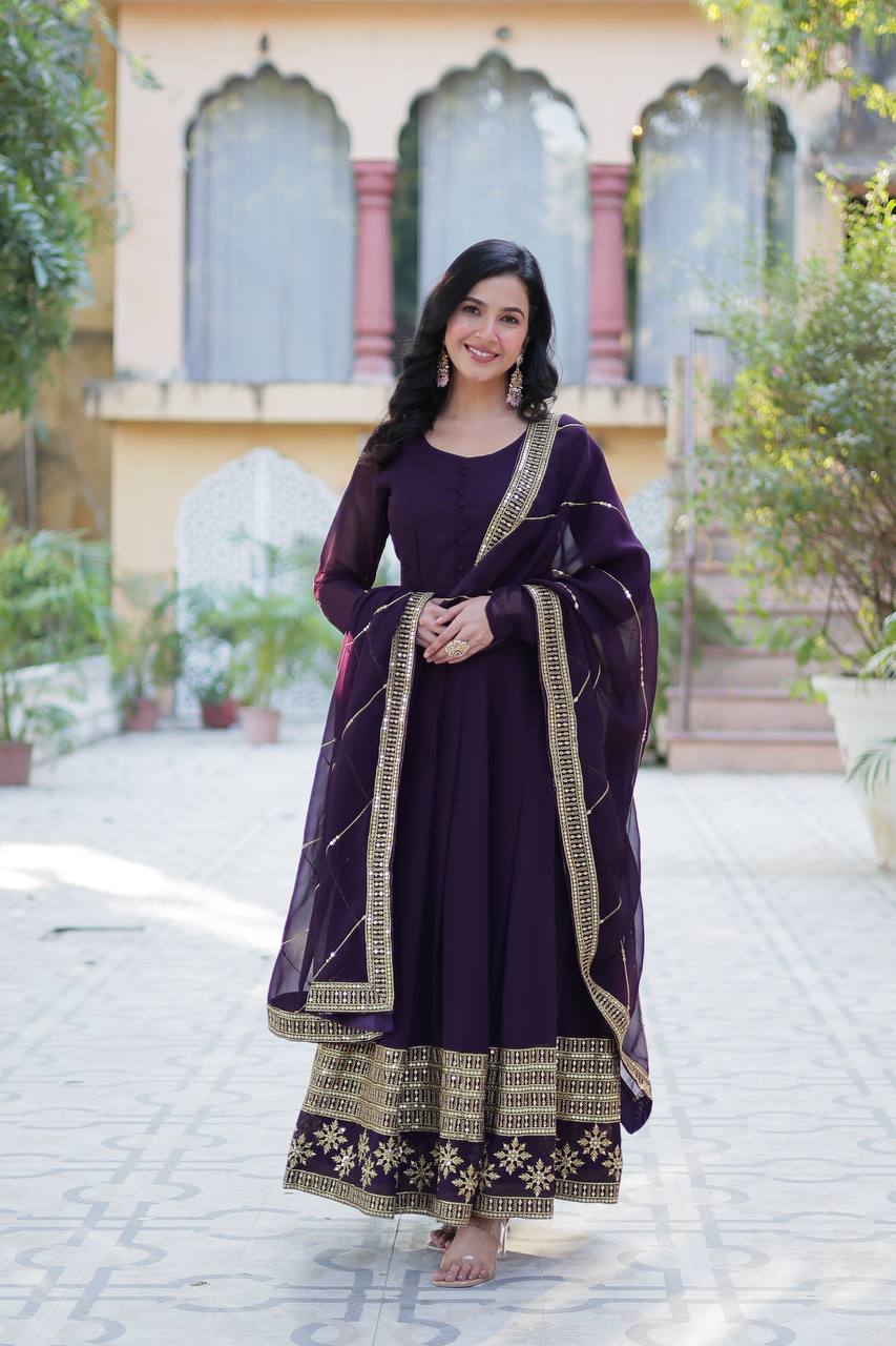 Embroidered Faux Blooming Gown with Dupatta