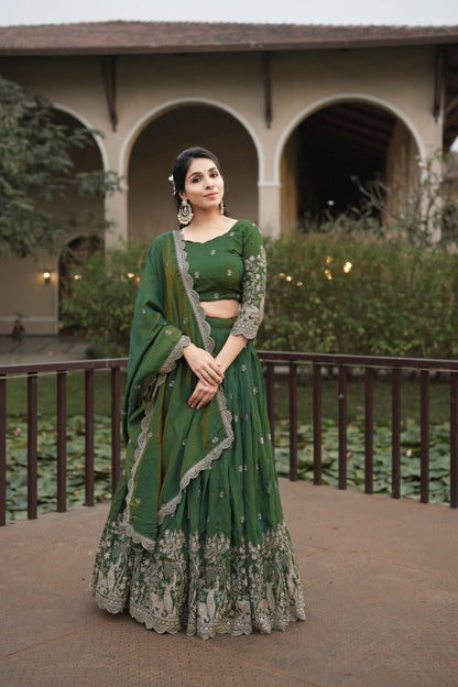 Elegant Olive Green Embroidered Lehenga Set for Festive and Wedding Celebrations