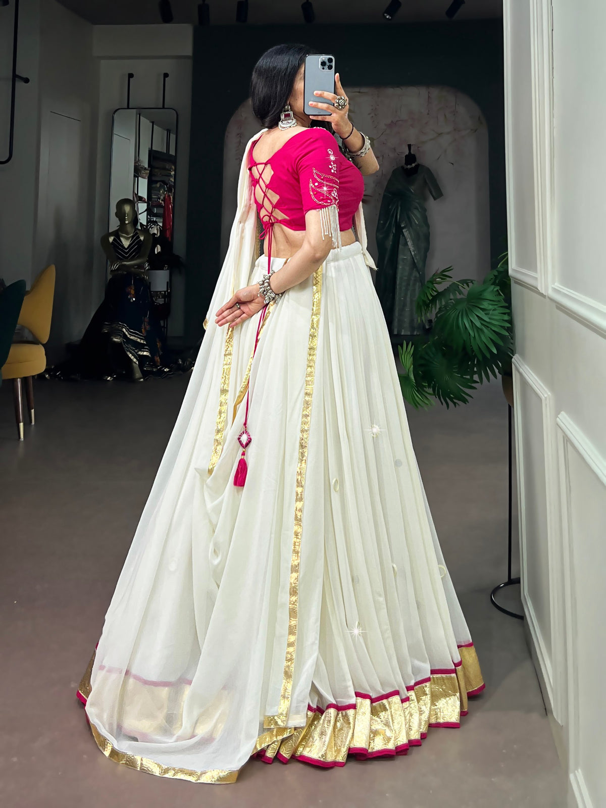 RangBhoomi Navratri Special Embellished Lehenga Choli with Mirror Work and Tassels