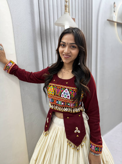 RangBhoomi Navratri Hand-Work 9m Flair Lehenga Choli - Pure Cotton Top & Kora Cotton Skirt