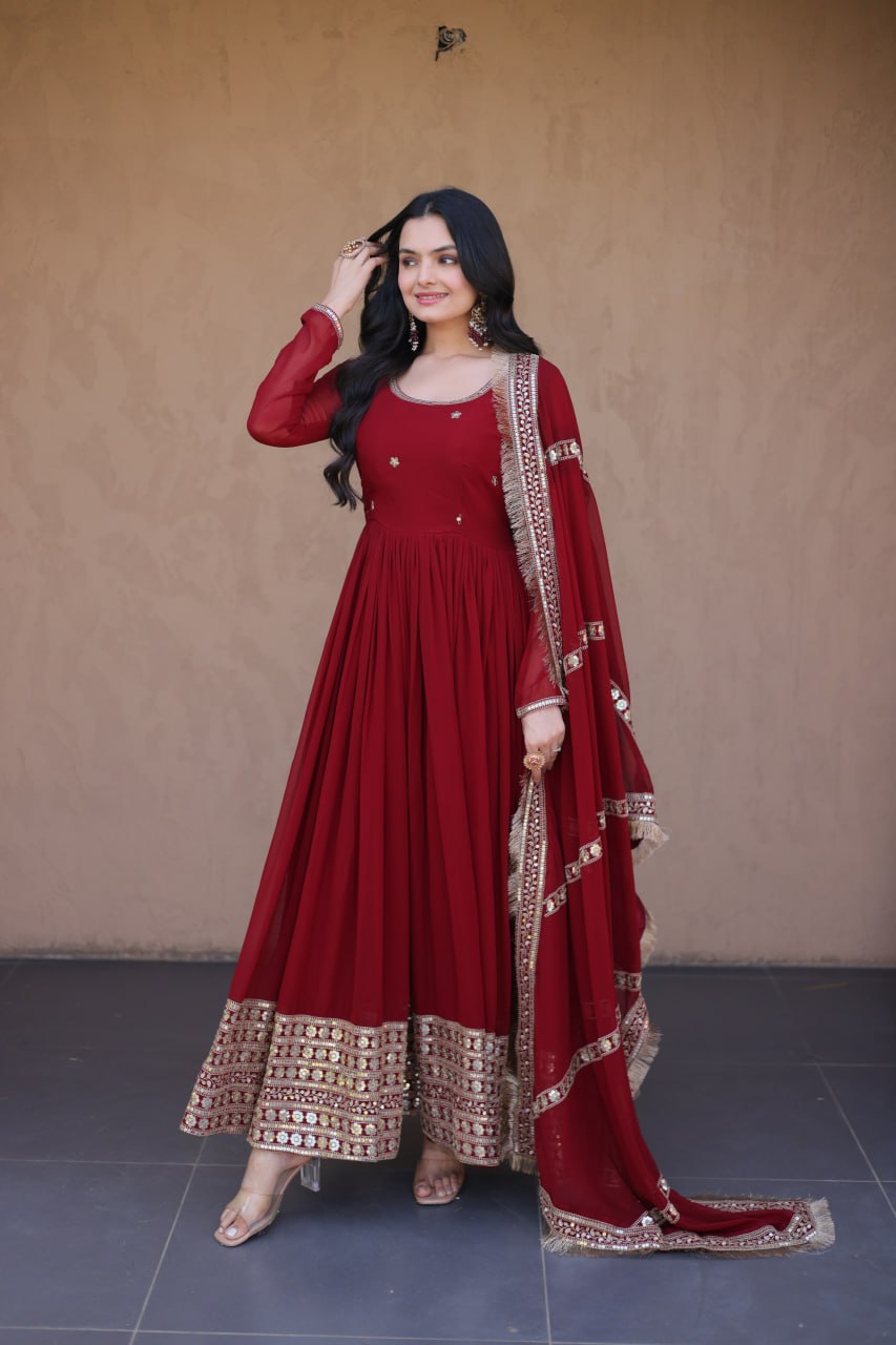 RangBhoomi Festive Faux Blooming Gown with Embroidered Dupatta - Rama & Maroon