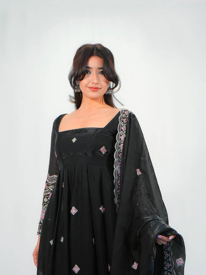 RangBhoomi Designer Party Wear Two-Tone Fandy Silk Embroidered Gown with Dupatta & Plazo