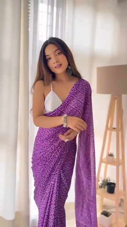 Model showcasing the Ready to Wear purple printed georgette saree.