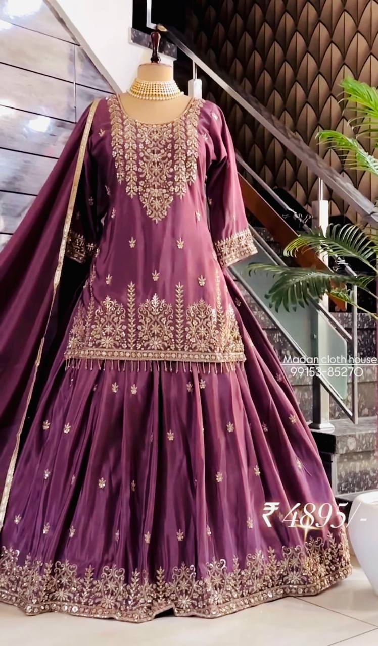 RangBhoomi Cinon Silk Embroidered Top, Lehenga & Dupatta Set - Elegant Festive Ensemble