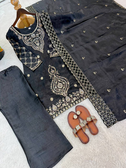 Elegant Designer Party Wear Top, Palazzos, and Dupatta Set with Intricate Heavy Embroidery and Beaded Detailing