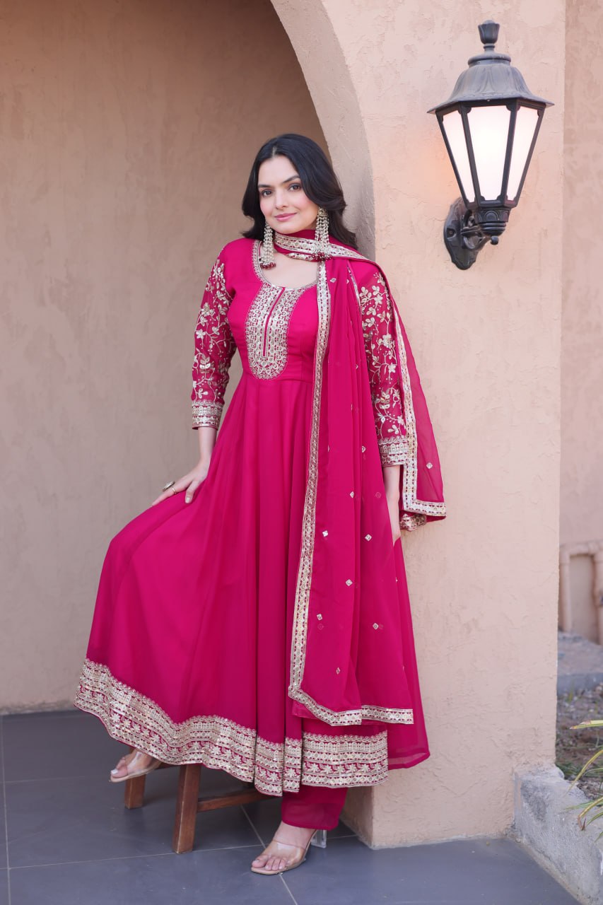 RangBhoomi Premium Readymade Gown Set with Pant & Dupatta - Faux Blooming Embroidered
