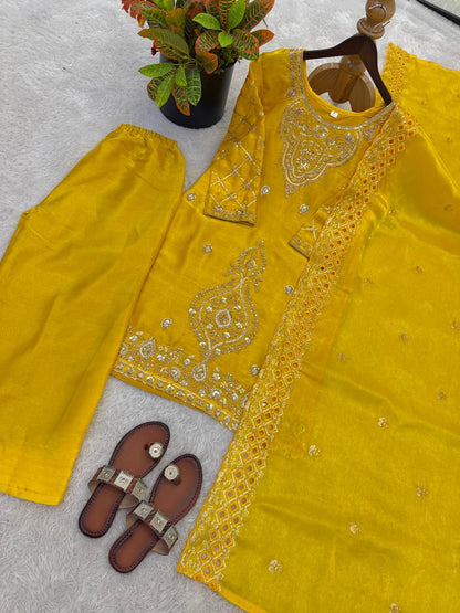 Elegant Designer Party Wear Top, Palazzos, and Dupatta Set with Intricate Heavy Embroidery and Beaded Detailing