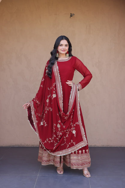 RangBhoomi Premium Maroon Embroidered Faux Blooming Ready‑Made Gown with Dupatta