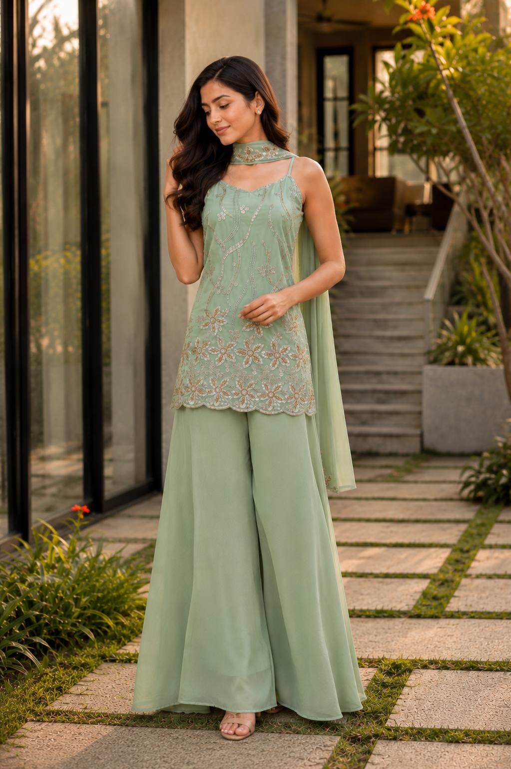 RangBhoomi Heavy Embroidered 3-Piece Suit Set with Fancy Lace (Faux Georgette)
