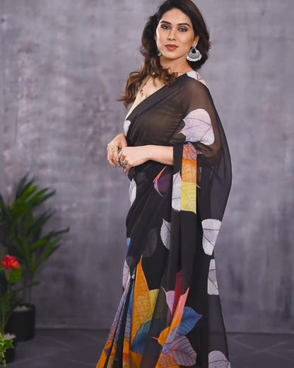 Black Georgette Saree with Colorful Leaf Print