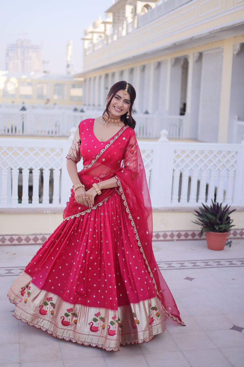Elegant Three-Piece Traditional Lehenga Choli Set with Dupatta in Pink and Wine