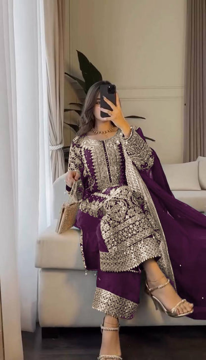 New Collection Faux Georgette Ensemble with Intricate Heavy Embroidery, Sequin Detailing, and Fully Stitched Ready-to-Wear Top, Bottom, and Dupatta Set