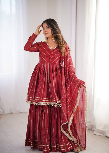 Elegant Women's Ethnic Ensemble with Real Mirror and Handwork – Ready-to-Wear Mal Chanderi Set with Sharara Palazzo and Mirror Lace Dupatta