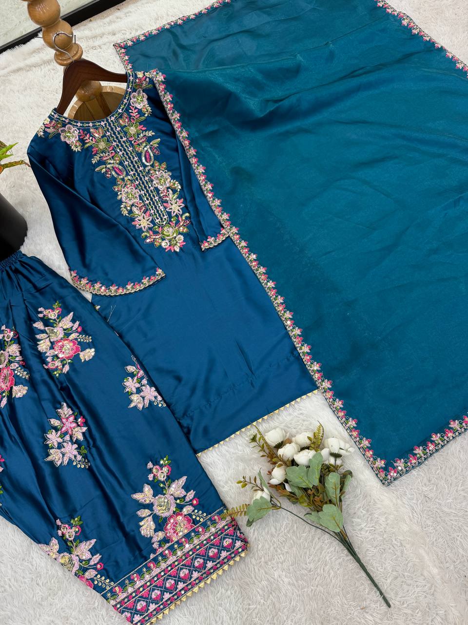 RangBhoomi Women's Premium Ethnic French Crepe Ensemble with Embroidered Thread Work, Full Sleeve Top, Farshi Pant, and GMY Silk Dupatta