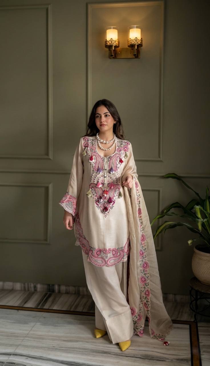 Elegant Women’s Ethnic Ensemble in Premium Heavy Georgette with Embroidered Threadwork, Fully Stitched and Ready to Wear