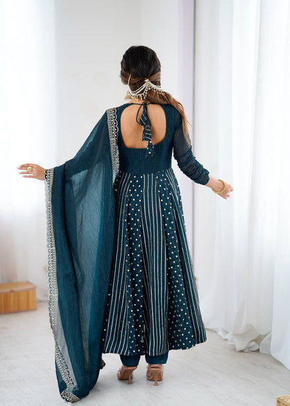 Festive Ready-to-Wear Fully Stitched Anarkali Gown Set with Embroidered Sequins and Lace-Trimmed Dupatta