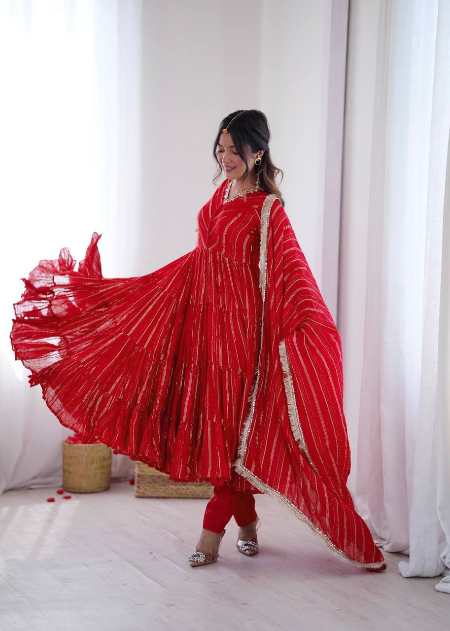 RangBhoomi Women’s Ethnic Ruffle Gown with Mirror Work and Matching Dupatta