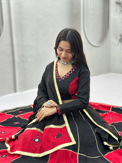 RangBhoomi Navratri Special Pure Cotton Lehenga Choli with Heavy Mirror & Gotapatti Work (Full-Stitched, 6m Flair)
