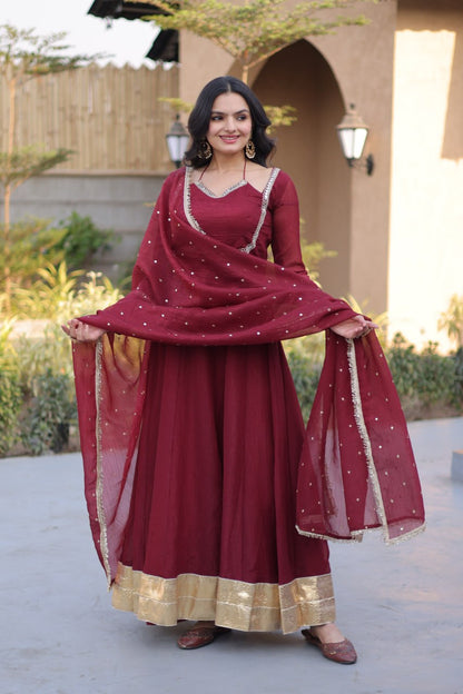 RangBhoomi Silver Mirror Lace Gown with Dupatta - Elegant Occasion Wear